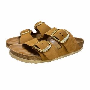 Birkenstock Soft Tan Sandals with Gold Buckles